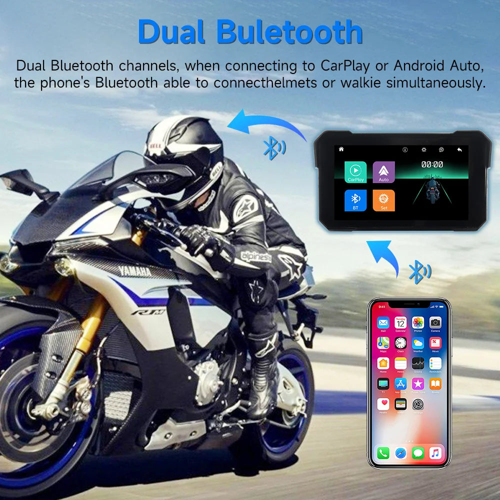 Lecteur multimédia pour moto 5 pouces, navigation GPS sans fil, Carplay, Bluetooth