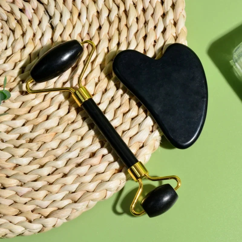 Masseur facial en Jade noir naturel, grattoir guasha, rouleau à double tête, soins de la peau et massage du visage