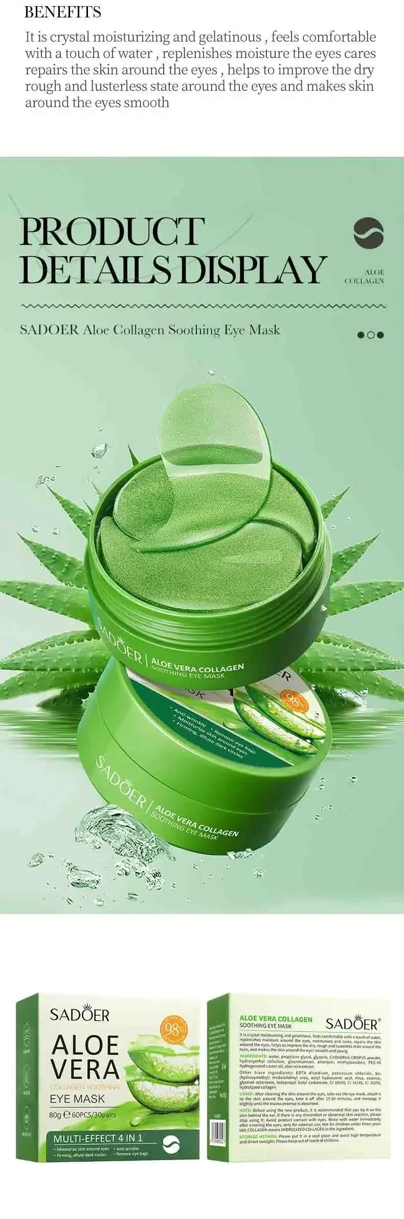 Masque pour les yeux au collagène à l'aloe Vera, 60 pièces, Anti-cernes, sacs pour les yeux, hydratant, raffermissant, acide hyaluronique, patchs pour les yeux, soins de la peau