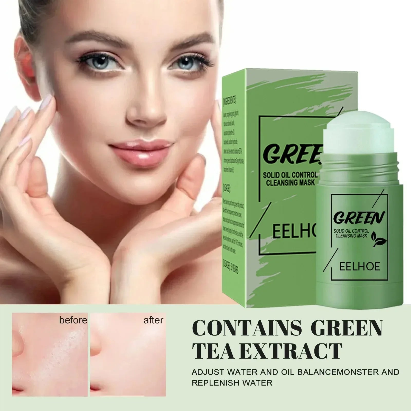 Masque facial solide nettoyant au thé vert, bâton nettoie les Pores, élimine l'acné, points noirs, contrôle de l'huile, éclaircit, hydratant, beauté, ensemble pour la peau