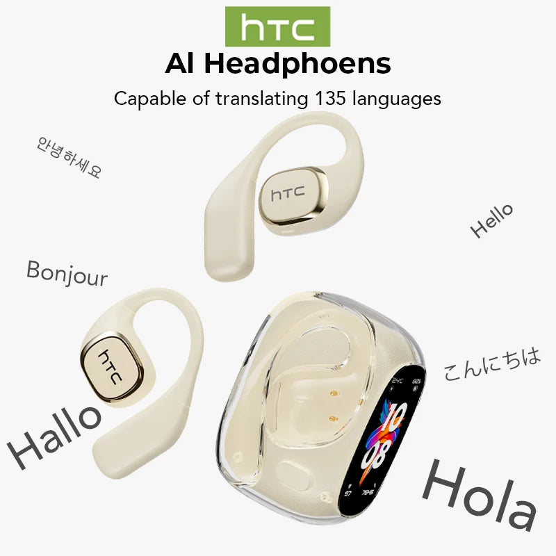 Écouteurs HTC NE11 Bluetooth V6.0 avec traducteur IA, casque sans fil ouvert, écran LCD, basses stéréo, autonomie de 8 heures
