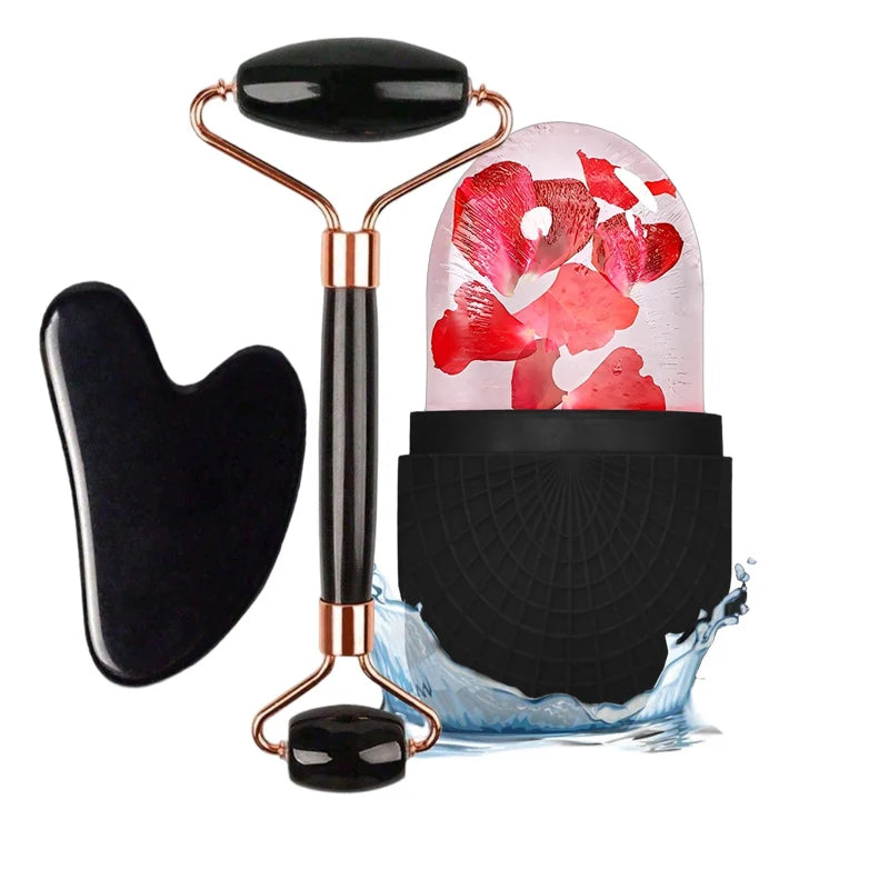 Ensemble de rouleaux de surface de glace - Ensemble de rouleaux de glace pour soins de la peau du visage, outils de massage du visage, rouleau de surface de glace en silicone, planche gua sha.