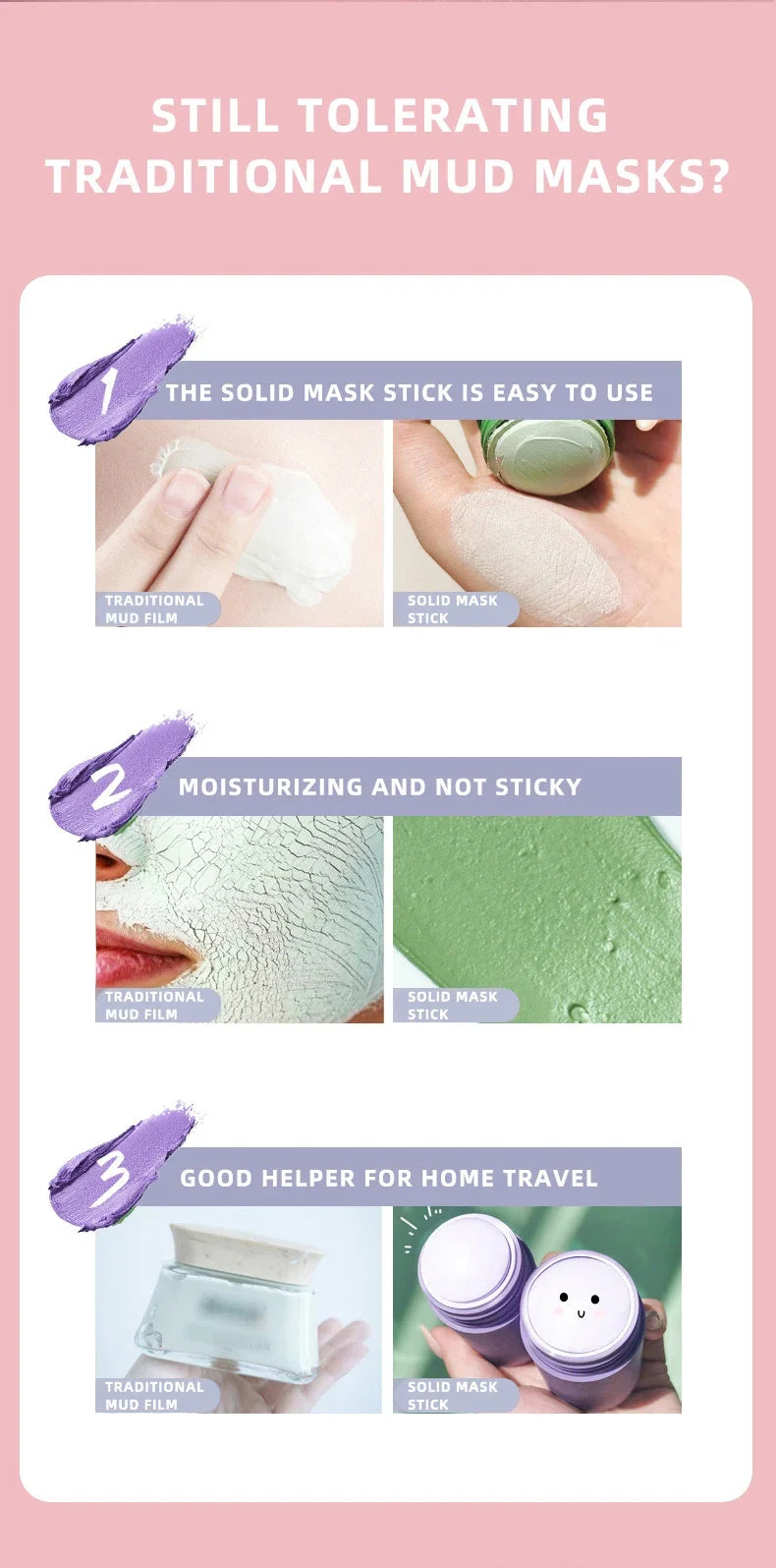 Masque facial solide bâton thé vert miel pêche nettoyage des pores hydratant Long charbon d'aubergine Film de boue