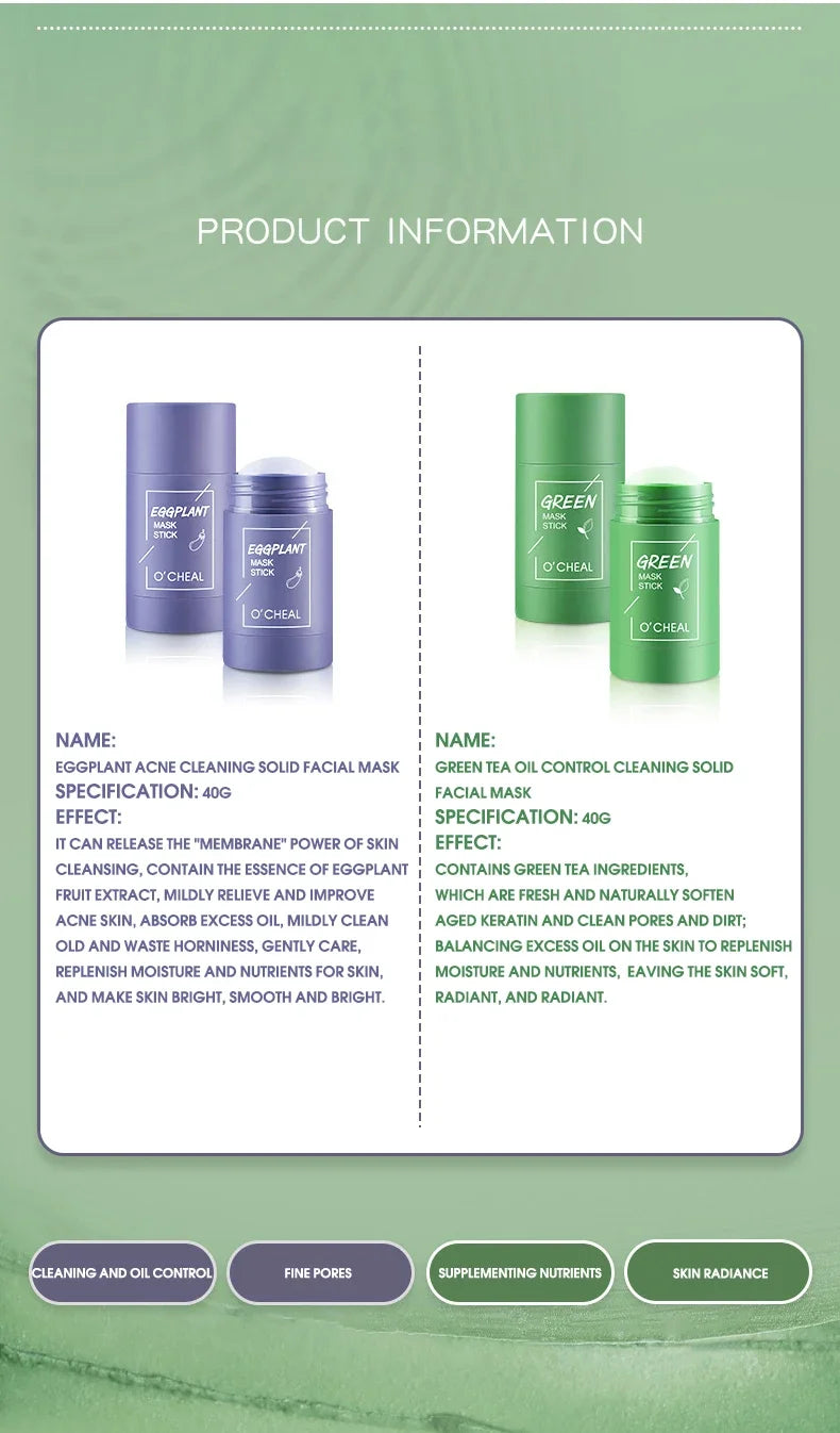 Masque facial solide bâton thé vert miel pêche nettoyage des pores hydratant Long charbon d'aubergine Film de boue
