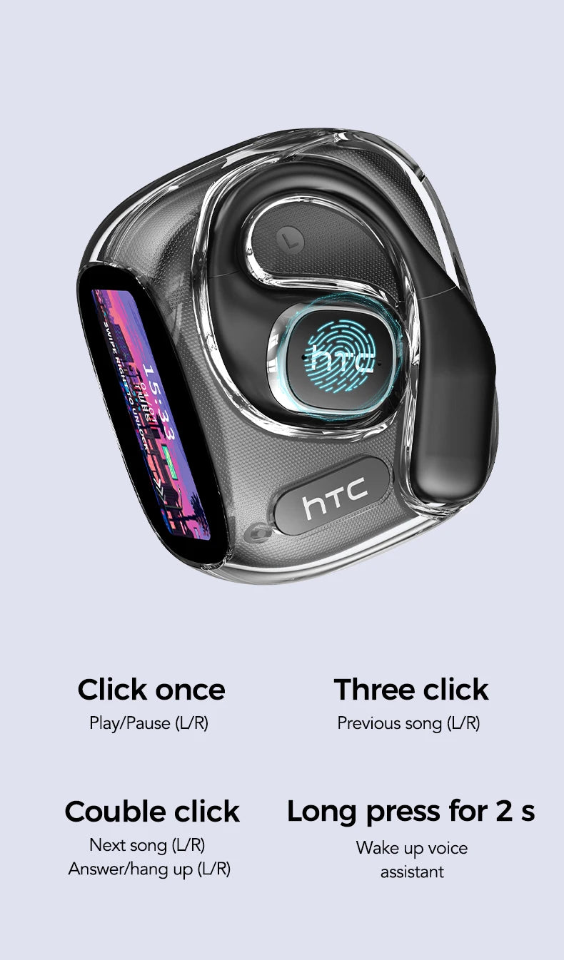 Écouteurs HTC NE11 Bluetooth V6.0 avec traducteur IA, casque sans fil ouvert, écran LCD, basses stéréo, autonomie de 8 heures