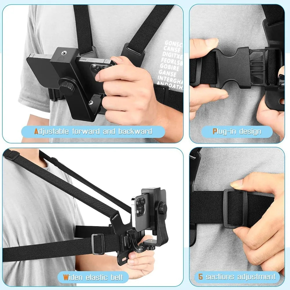 Support de téléphone réglable avec sangle de poitrine pour caméra de sport, support noir