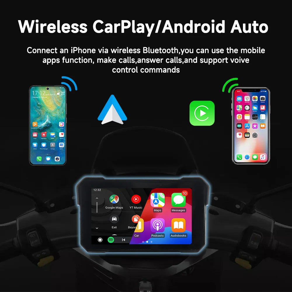 Lecteur multimédia pour moto 5 pouces, navigation GPS sans fil, Carplay, Bluetooth