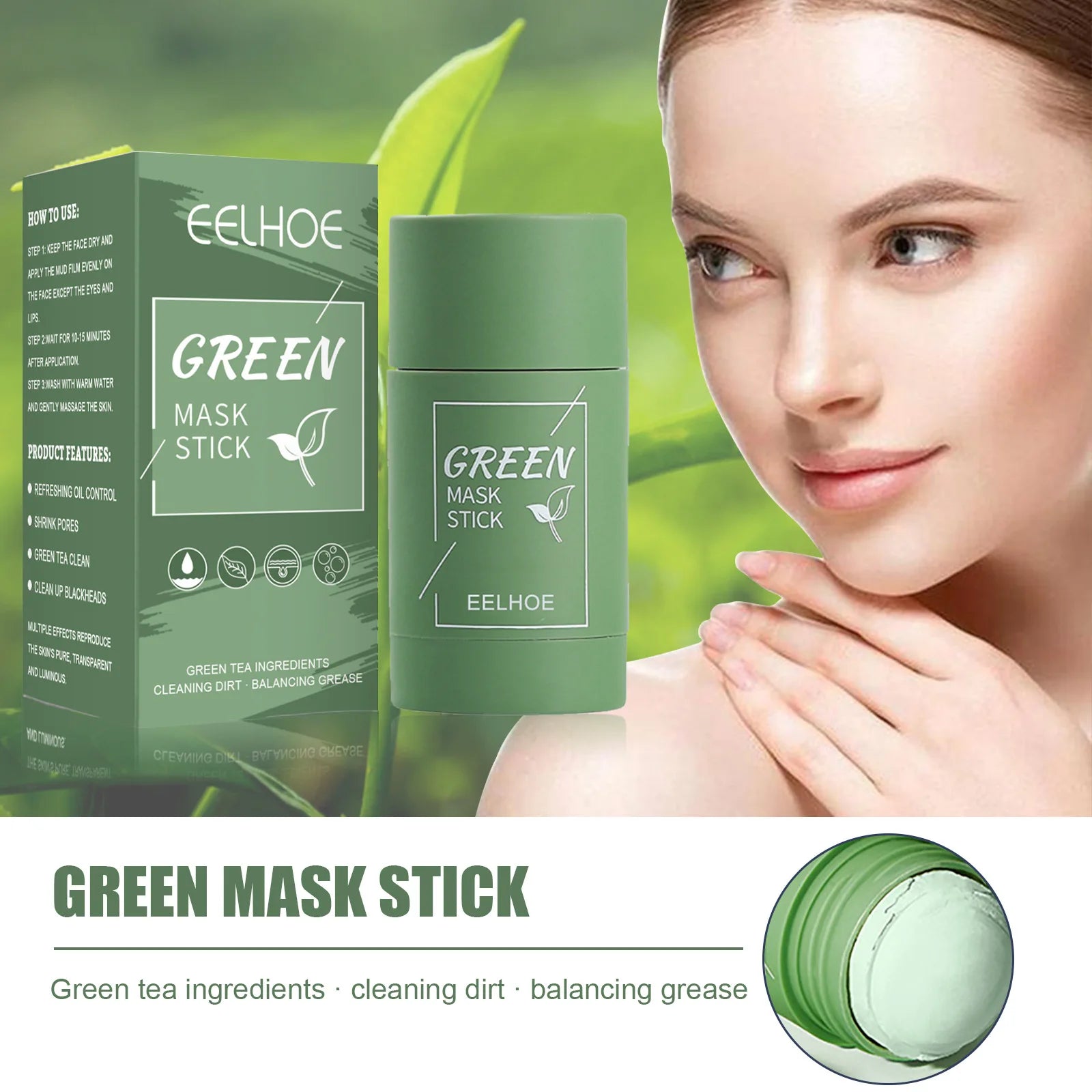 Masque propre au thé vert, bâton de traitement de l'acné, crème dissolvant de points noirs, nettoyage en profondeur des pores, éclaircissant, purifiant, masque de boue en argile Matcha