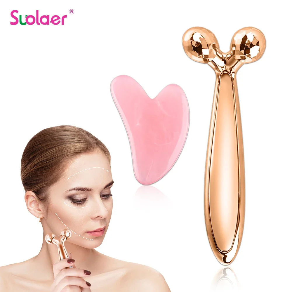 Masseur de visage et de cou à rouleau 3D en forme de Y, rotation à 360 degrés, outils de Massage du corps mince + grattoir Gouache Guasha, Lifting de la peau, dissolvant de rides
