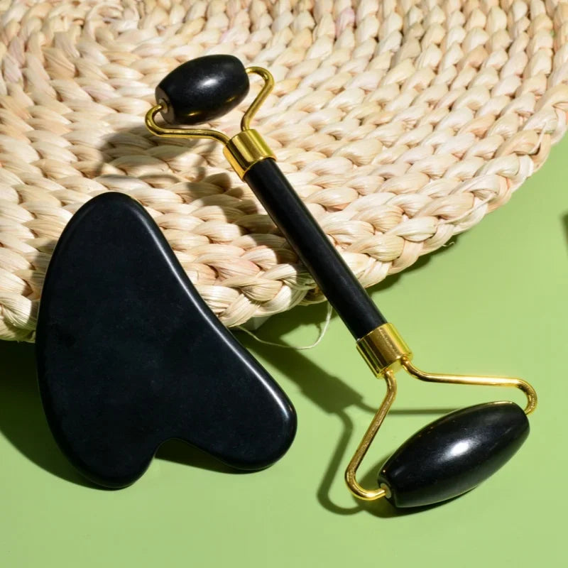 Masseur facial en Jade noir naturel, grattoir guasha, rouleau à double tête, soins de la peau et massage du visage