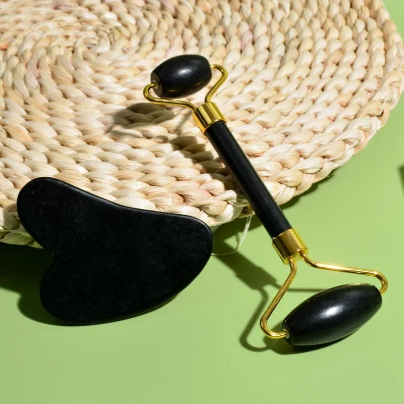 Masseur facial en Jade noir naturel, grattoir guasha, rouleau à double tête, soins de la peau et massage du visage