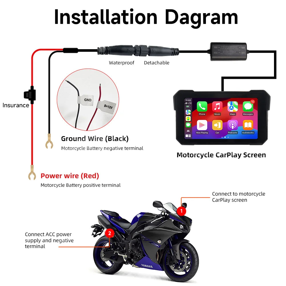 Lecteur multimédia pour moto 5 pouces, navigation GPS sans fil, Carplay, Bluetooth