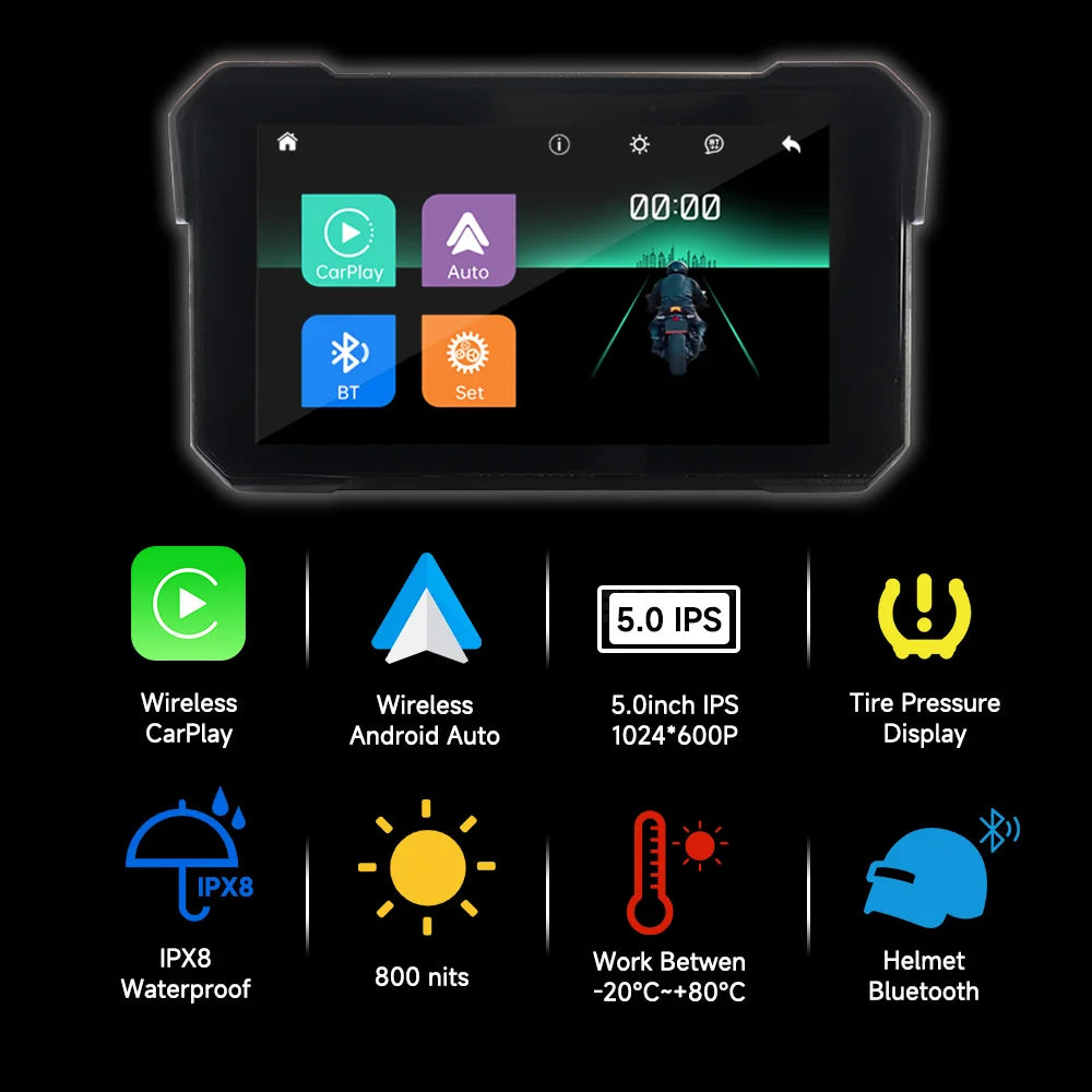 Lecteur multimédia pour moto 5 pouces, navigation GPS sans fil, Carplay, Bluetooth